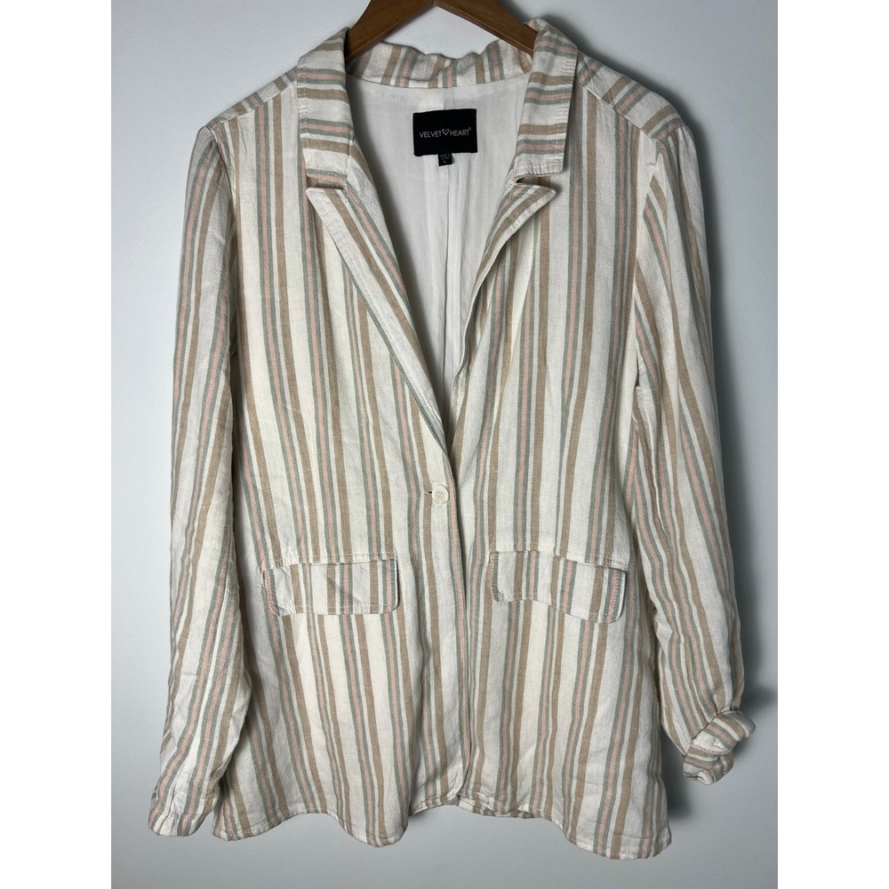 Velvet Heart Linen Blend Blazer Wm L Multicolor Striped Coastal Grandma Academia